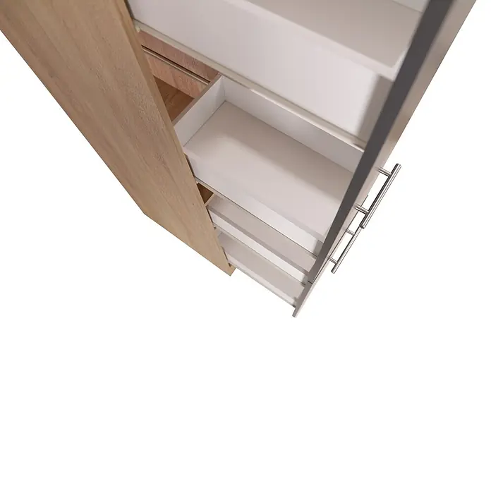 Respekta Merle Apotheker-Hochschrank - B x T x H: 30 x 60 x 200 cm, Grau - Aufnahme eines teilweise geöffneten weißen Schranks mit hellbrauner Außenseite. Die Schubladen sind mit silbernen Griffen versehen.