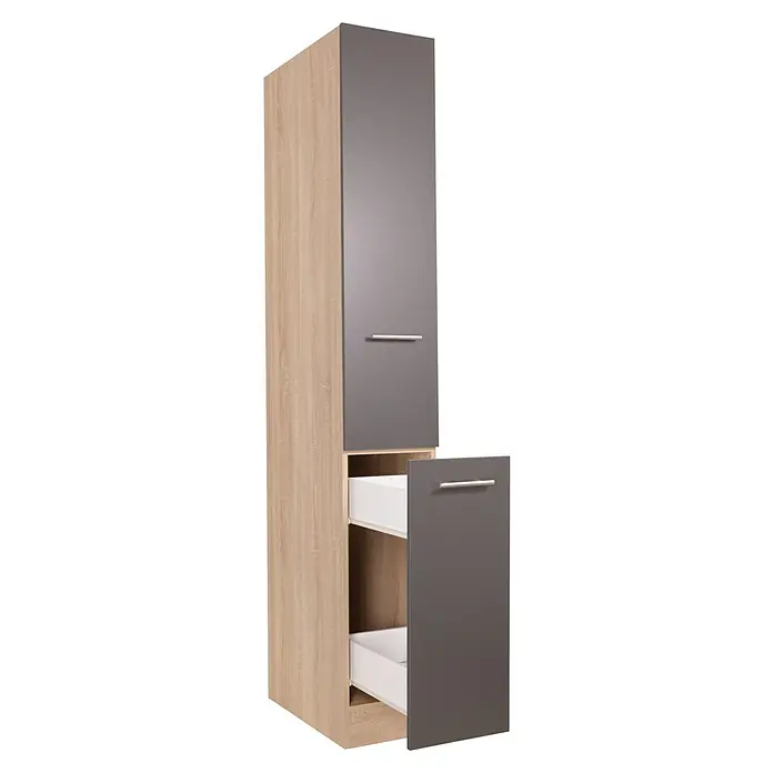 Respekta Merle Apotheker-Hochschrank - B x T x H: 30 x 60 x 200 cm, Grau - Grauer & heller Holzschrank mit silbernfarbenen Griffen und zwei Schubladen.