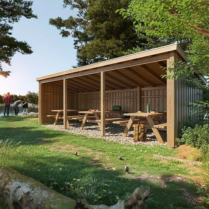 Plus Gartenhaus Picknickhütten - Außenmaß inkl. Dachüberstand (B x T): 650 x 240 cm, Offen inkl. Dachpappe und Aluleisten - Holzunterstand mit Picknicktischen in einer natürlichen Parklandschaft am See.
