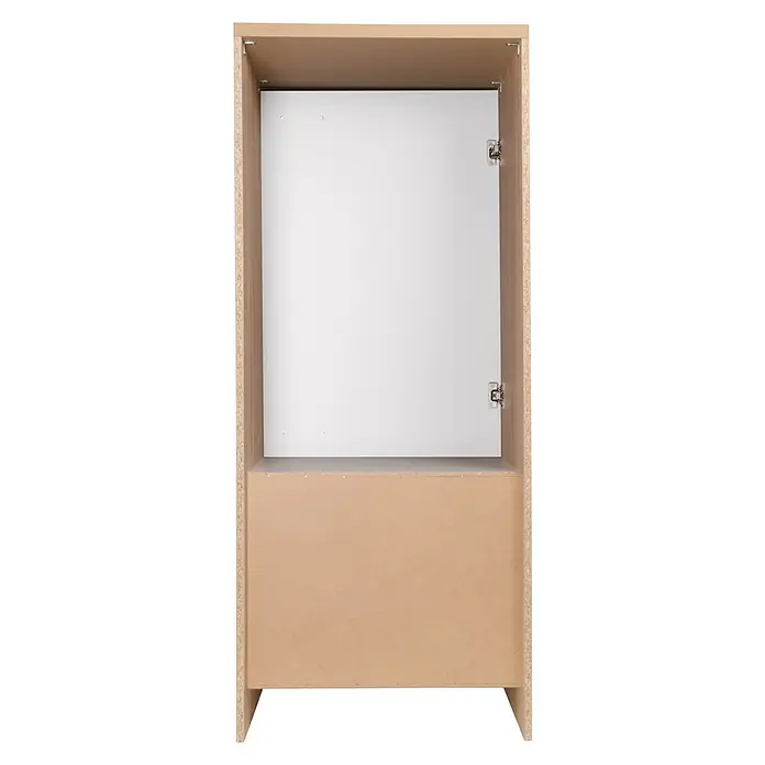 Respekta Merle Geräteumbauschrank - B x T x H: 60 x 60 x 144,8 cm, Weiß, Für Kühlschrank - Innenansicht eines hellen Holzschranks mit einer weißen Tür und zwei silbernen Scharnieren für Möbel. Viel Stauraum.
