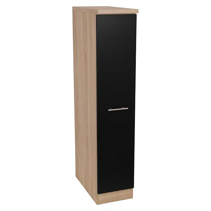 Respekta Merle Apotheker-Hochschrank - B x T x H: 30 x 60 x 144,8 cm, Schwarz, mit Arbeitsplattenabdeckung - Ein hochaufragender Schrank mit einer hellen Holzstruktur und einer eleganten, schwarzen Tür mit einem schlichten silbernen Griff.