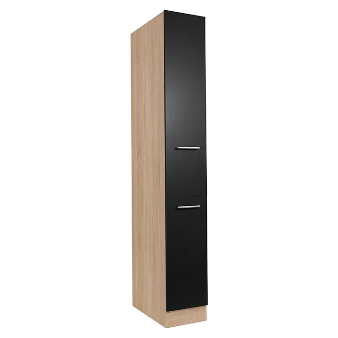 Respekta Merle Apotheker-Hochschrank - B x T x H: 30 x 60 x 200 cm, Schwarz - Schlanker Hochschrank mit Holzoptik an der Seite und zwei schwarzen Schubladen mit silbernen Griffen. Praktisches Möbelstück für zusätzlichen Stauraum.