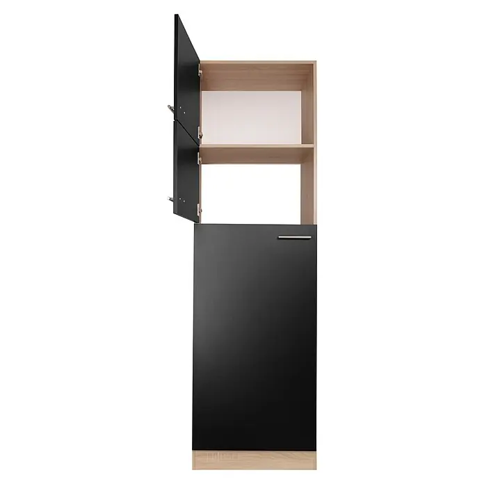 Respekta Merle Kühlumbauschrank - B x T x H: 60 x 60 x 200 cm, Schwarz - Ein hochformatiges Foto eines Schrankes mit offenem Oberteil und geschlossener, schwarzer Tür darunter, ideal für die stilvolle Aufbewahrung.