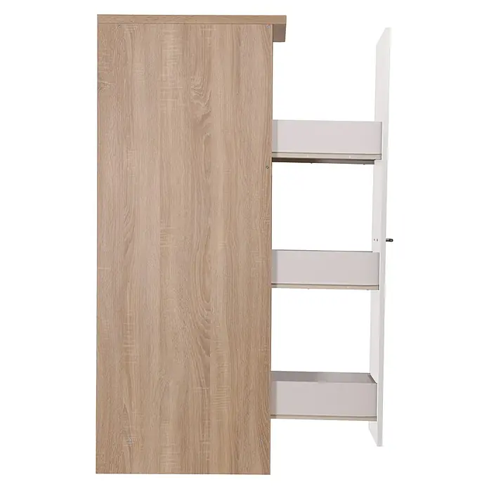 Respekta Merle Apotheker-Hochschrank - B x T x H: 30 x 60 x 144,8 cm, Weiß, mit Arbeitsplattenabdeckung - Abbildung eines Apothekerschranks mit hellem Holzdekor und mehreren Auszügen. Praktische Stauraumlösung für Küche oder Bad.