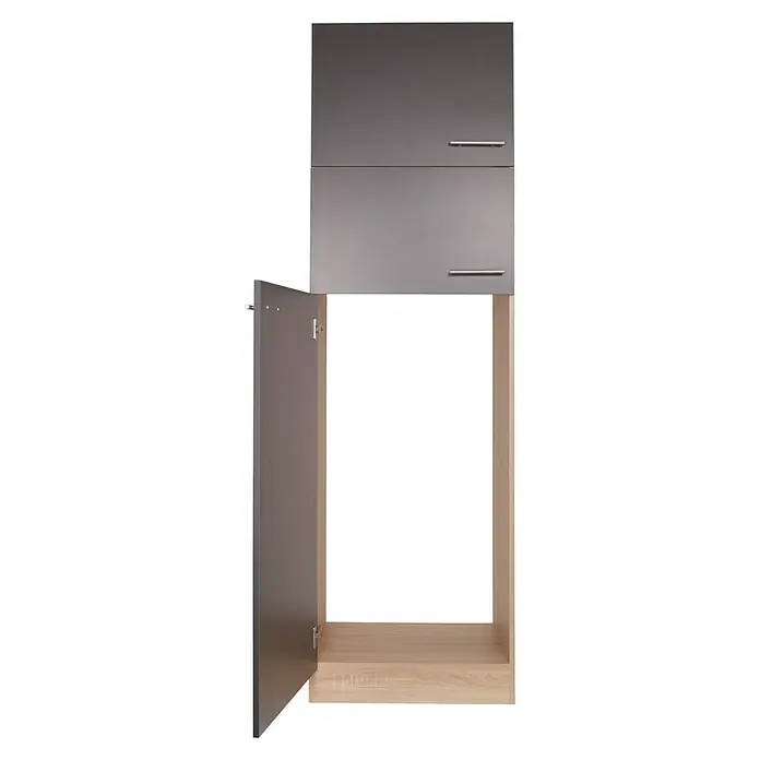 Respekta Merle Kühlumbauschrank - B x T x H: 60 x 60 x 200 cm, Grau - Abbildung eines grauen Hängeschranks mit einer offenen Tür, der viel Stauraum bietet und sich ideal für die Küche eignet.
