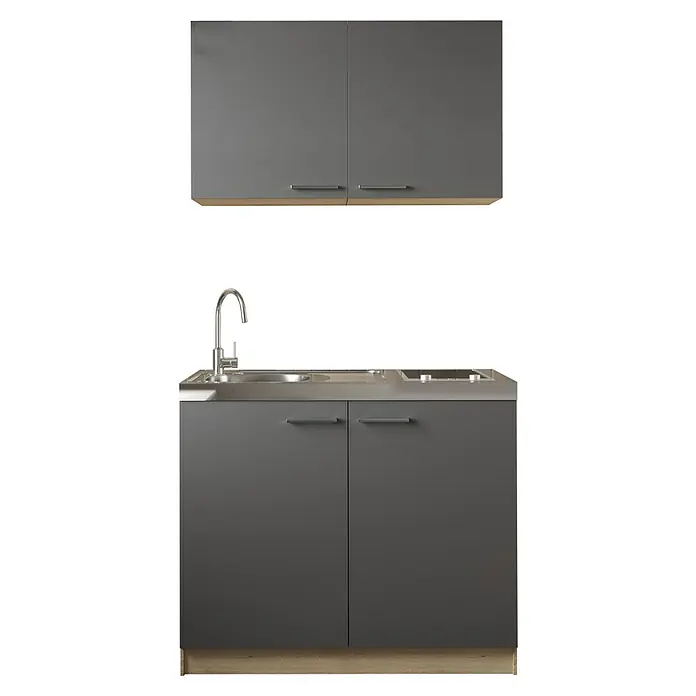 Respekta Merle Miniküche Set 4 - Breite: 100 cm, Grau, Glaskeramikkochfeld - Graue Küchenschränke mit Spüle und Herd bieten stilvollen Stauraum. Perfekt für moderne Küchen, kombiniert Funktionalität mit minimalistischem Design.