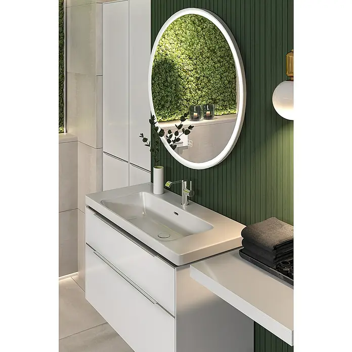 Villeroy & Boch Subway 3.0 Lichtspiegel - Durchmesser: 91 cm, White Matt - Stilvoller Badezimmerwaschtisch mit integriertem weißen Waschbecken, Chromarmatur und beleuchtetem ovalem Spiegel mit Mooswand.