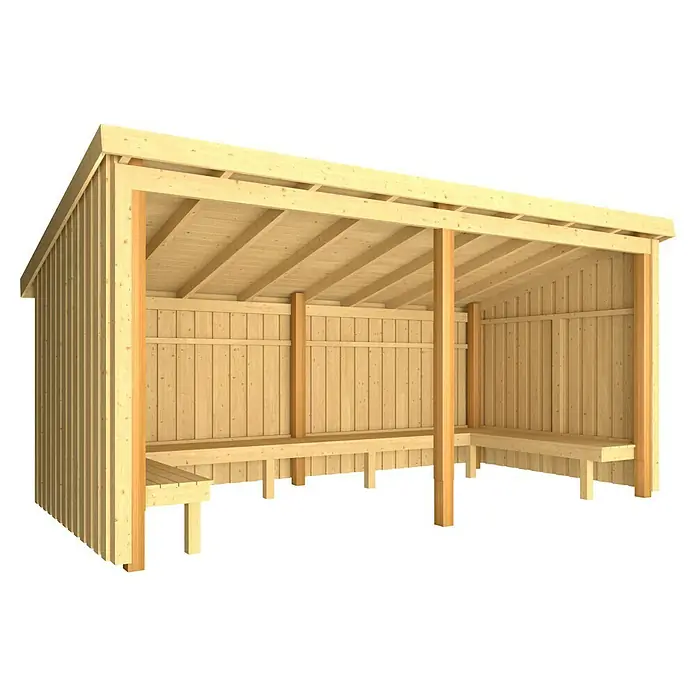 Plus Gartenhaus Grillhütte - Außenmaß inkl. Dachüberstand (B x T): 446 x 240 cm, Holz, Offen - Helles Holz Wartehäuschen mit integrierten Bänken.