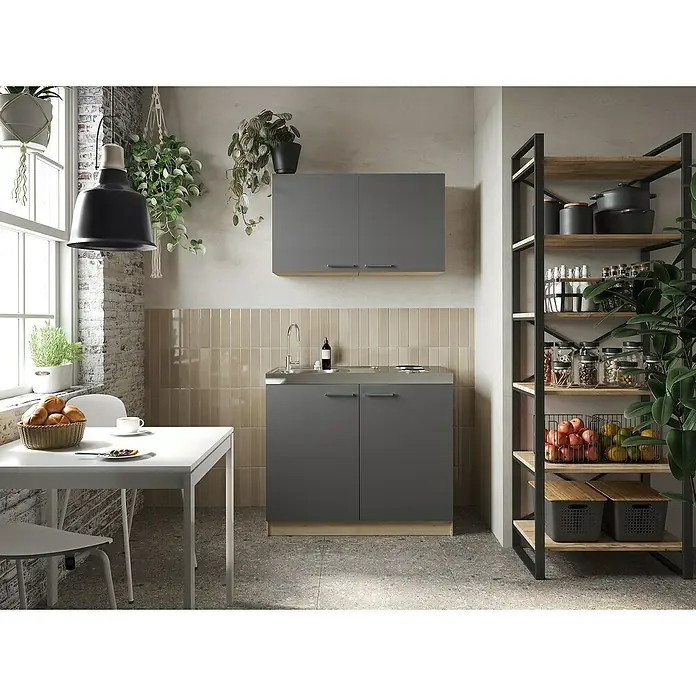 Respekta Merle Miniküche Set 6 - Breite: 100 cm, Grau, Edelstahlkochmulde - Moderne Küchenzeile mit grauen Schränken, Regalen und Dekorationen. Das helle Design schafft eine freundliche Atmosphäre zum Kochen und Genießen.