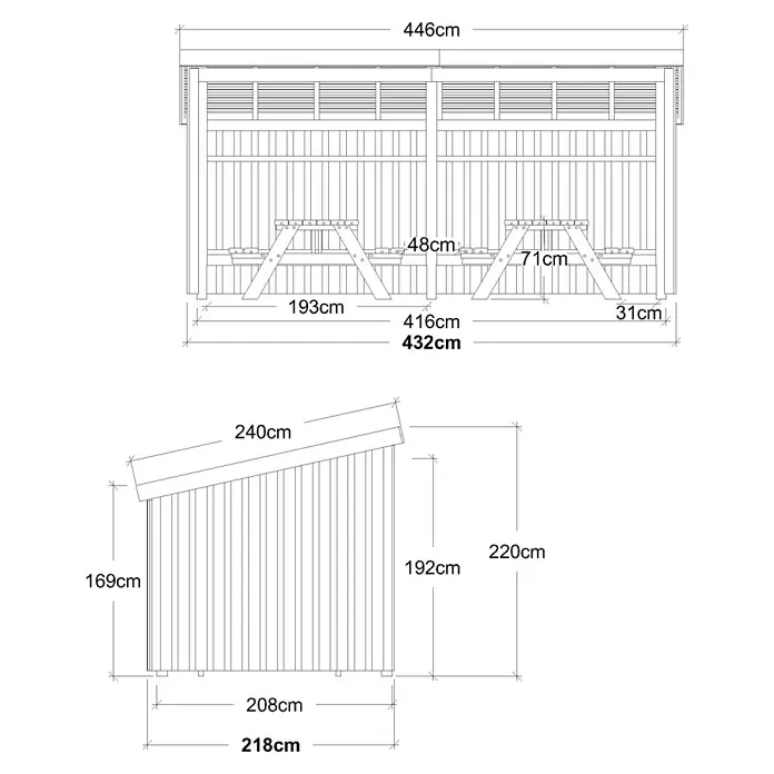 Plus Gartenhaus Picknickhütten - Außenmaß inkl. Dachüberstand (B x T): 446 x 240 cm, Holz, Natur, Offen inkl. H-Pfostenanker, Dachpappe und Aluleisten - Technische Zeichnung eines Picknickunterstands mit zwei integrierten Tischen und Maßen.