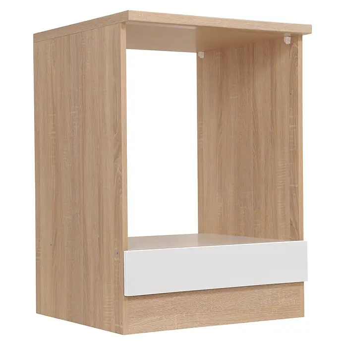 Respekta Merle Herdumbauschrank - B x T x H: 60 x 60 x 84,8 cm, Weiß - Holzfarbenes Regal mit weißer Schublade und offenem Fach zur Aufbewahrung und Präsentation von Gegenständen.