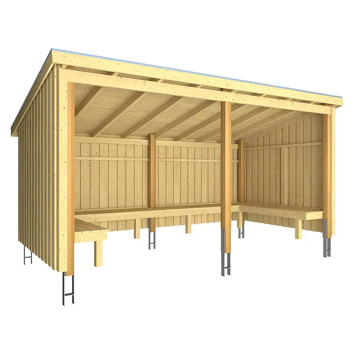 Plus Gartenhaus Grillhütte - Außenmaß inkl. Dachüberstand (B x T): 446 x 240 cm, Holz, Offen inkl. H-Pfostenanker, Dachpappe und Aluleisten - Holzhütte mit integrierten Bänken, Naturholz.