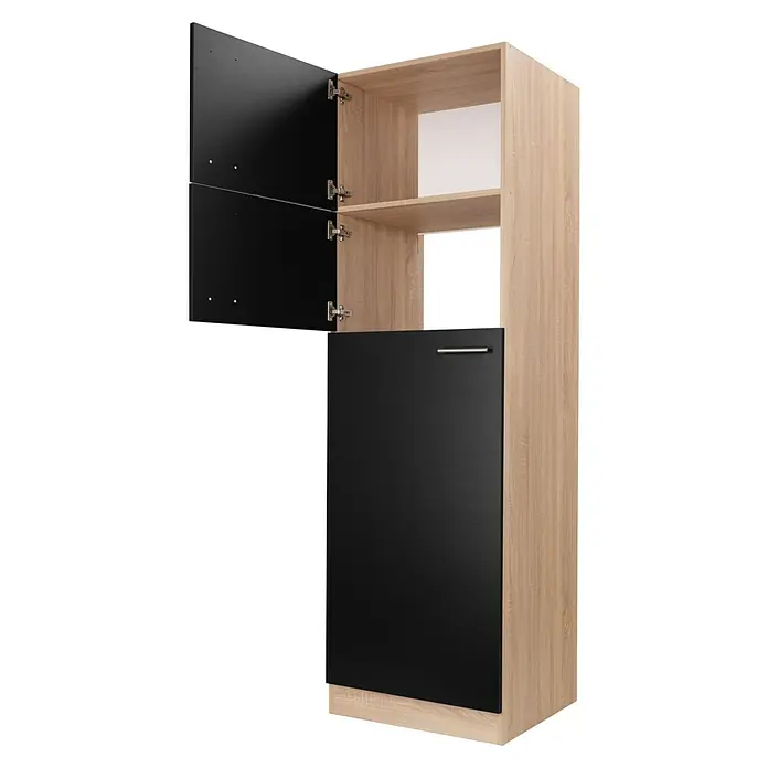 Respekta Merle Kühlumbauschrank - B x T x H: 60 x 60 x 200 cm, Schwarz - Aufnahme eines hohen Schranks mit schwarzen Türen und hellbraunen Regalen, einige der Türen sind offen und geben den Blick auf das Innere frei.