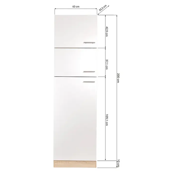 Respekta Merle Kühlumbauschrank - B x T x H: 60 x 60 x 200 cm, Grau - Abbildung eines weißen Küchenschranks mit drei Türen und Holzsockel, detailliert mit Abmessungen für Designzwecke.