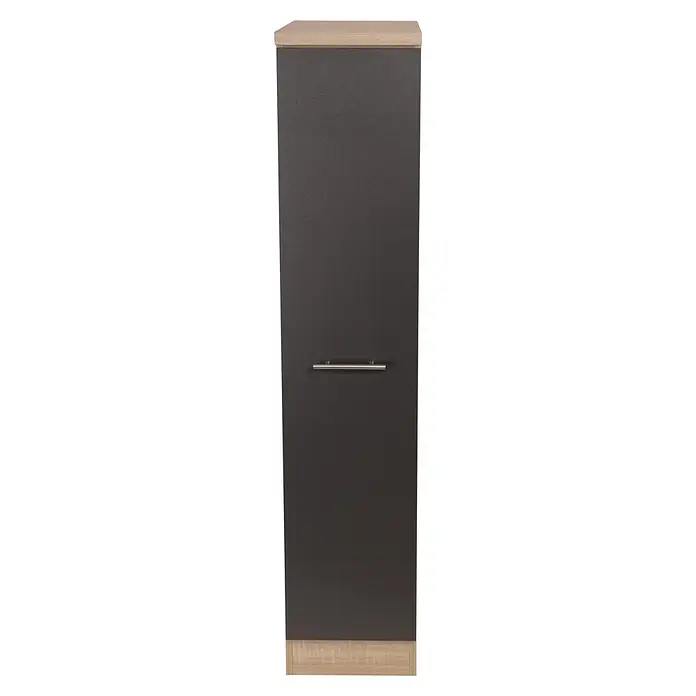 Respekta Merle Apotheker-Hochschrank - B x T x H: 30 x 60 x 144,8 cm, Grau, mit Arbeitsplattenabdeckung - Eine elegante Schranktür in Grau mit horizontalem Griff und Holzrahmen oben und unten, ideal für moderne Möbeldesigns.