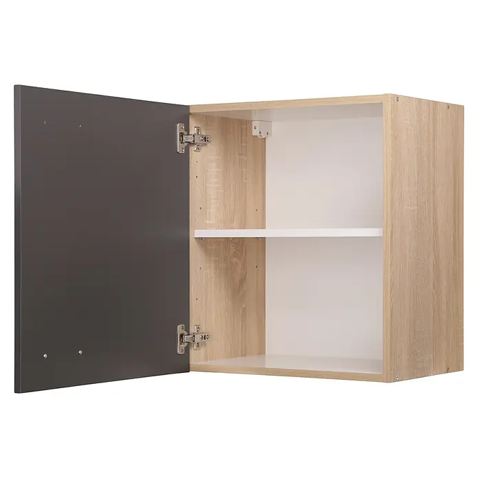 Respekta Merle Hängeschrank - B x T x H: 50 x 34,6 x 56,1 cm, Grau - Aufnahme eines offenen Hängeschranks in Holzoptik mit einer grauen Tür und zwei Einlegeböden zur Aufbewahrung.