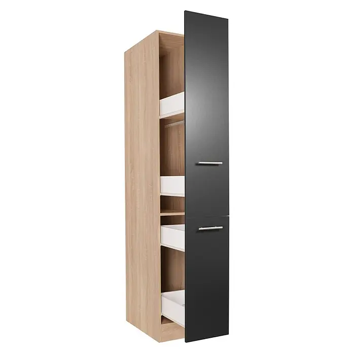 Respekta Merle Apotheker-Hochschrank - B x T x H: 30 x 60 x 200 cm, Schwarz - Schmaler Hochschrank mit Auszügen und einer Tür in Schwarz, ideal für die Küche oder andere Räume, um Stauraum zu schaffen.