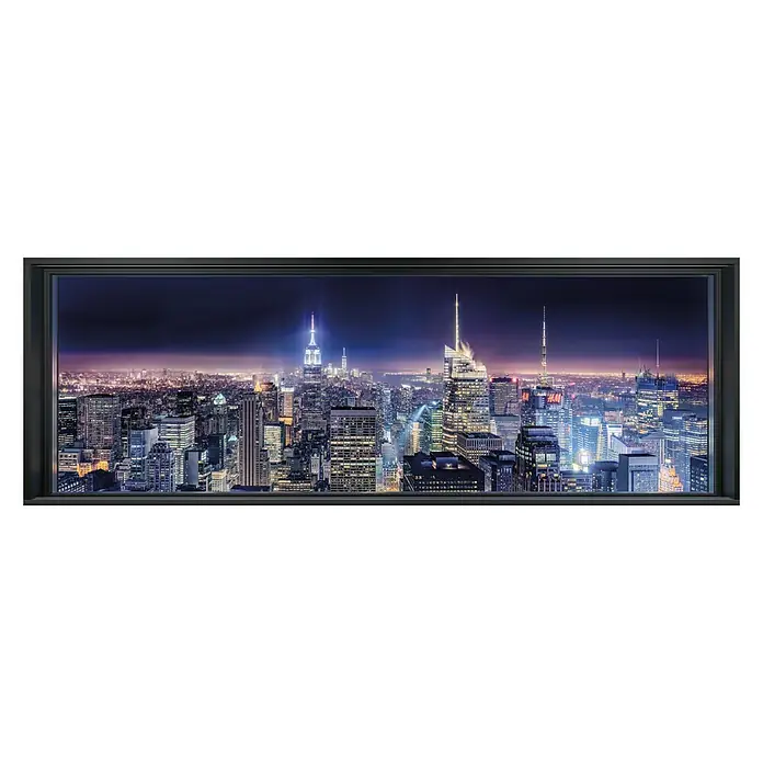 Komar Fototapete Sparkling New York - 4 -tlg., B x H: 368 x 127 cm, Papier - Schwarzes, gerahmtes Wandbild mit einer atemberaubenden Skyline von New York bei Nacht, die eine elegante Atmosphäre in jeden Raum bringt.