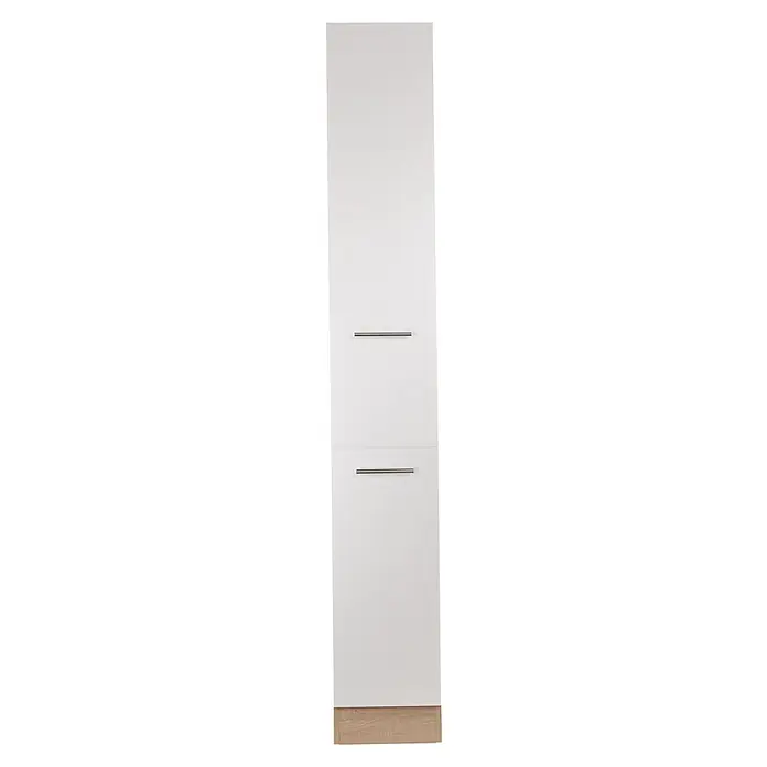 Respekta Merle Apotheker-Hochschrank - B x T x H: 30 x 60 x 200 cm, Weiß - Elegantes, hochglanzweißes Garderobenelement mit minimalistischen Griffen und einem Sockel in Holzoptik. Perfekt für moderne Flure.