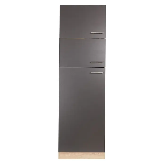 Respekta Merle Kühlumbauschrank - B x T x H: 60 x 60 x 200 cm, Grau - Grauer Küchenschrank mit drei Fächern und silbernen Griffen, der eine elegante und moderne Ästhetik bietet. Perfekt für jede Küche.