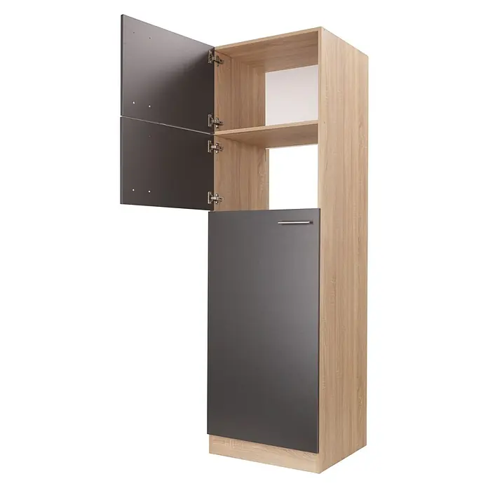 Respekta Merle Kühlumbauschrank - B x T x H: 60 x 60 x 200 cm, Grau - Abgebildeter Holzschrank mit grau lackierten Türen, die einen Einblick in das Innere des Schranks ermöglichen.