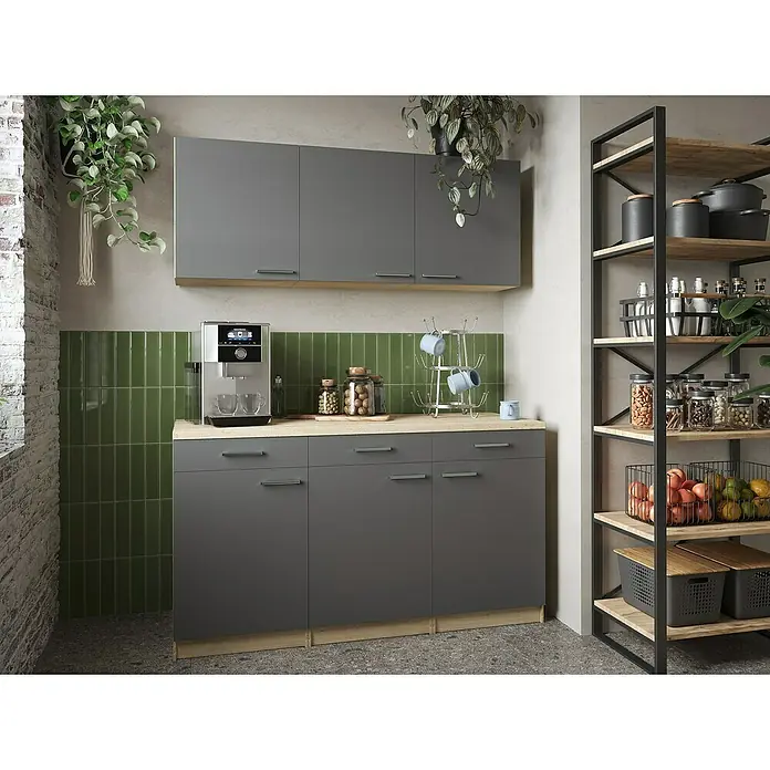 Respekta Merle Küchen-Set - 150 x 60 x 200 cm, Grau - Graue Küchenschränke mit Holzplatte und Regalen mit Lebensmitteln und Geschirr. Die Küche ist modern und funktional.