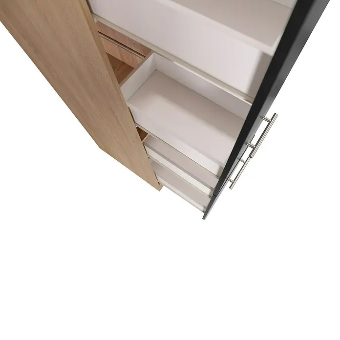 Respekta Merle Apotheker-Hochschrank - B x T x H: 30 x 60 x 200 cm, Schwarz - Ansicht eines offenen weißen Kleiderschranks mit hellem Holzrahmen und silbernen Griffen. Der Schrank hat mehrere Schubladen.