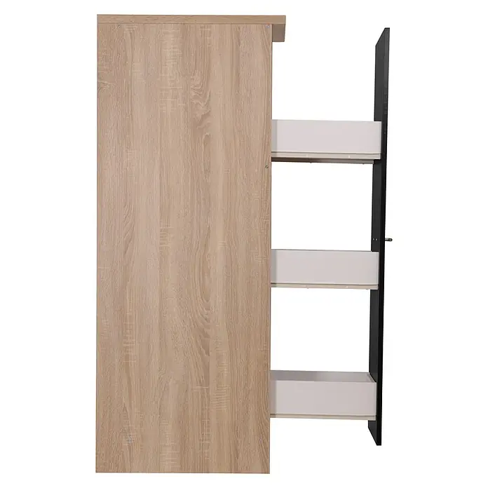 Respekta Merle Apotheker-Hochschrank - B x T x H: 30 x 60 x 144,8 cm, Schwarz, mit Arbeitsplattenabdeckung - Ein Apothekerschrank aus hellem Holz mit mehreren weißen Schubladen. Ideal zur übersichtlichen Aufbewahrung von Vorräten und Küchenutensilien.