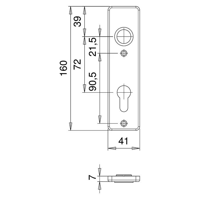 Portaferm Kurzschild - Distanznorm: 72 mm, Profilzylinder, Neusilber, Eckig - Technische Zeichnung eines Türbeschlags mit Maßangaben zur detaillierten Produktbeschreibung und Spezifikationen.