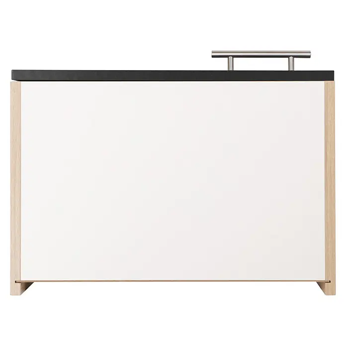 Respekta Merle Hängeschrank - B x T x H: 50 x 34,6 x 56,1 cm, Schwarz - Das Bild zeigt eine moderne Kommode mit einer weißen Front und einem dunklen Oberteil. Die Kommode hat silberne Griffe und eine helle Holzumrandung.