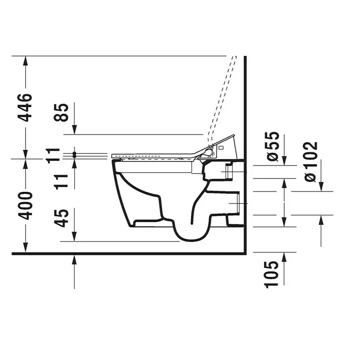Duravit ME by Starck Wand-WC Typ 2 - Spülrandlos, Ohne Spezialglasur, Spülform: Tief, WC Abgang: Waagerecht, Weiß - Detailzeichnung eines wandhängenden WCs mit Maßen für die Installation, inklusive Höhe, Tiefe und Durchmesser der Anschlüsse.
