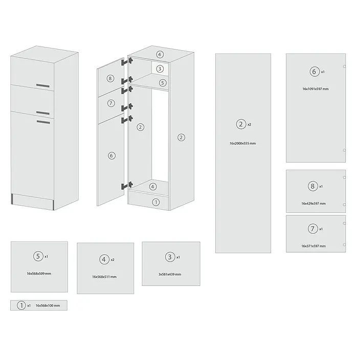 Respekta Merle Kühlumbauschrank - B x T x H: 60 x 60 x 200 cm, Grau - Darstellung eines zerlegten Schranks mit Maßen der Einzelteile, ideal für Möbelbau oder Designprojekte.