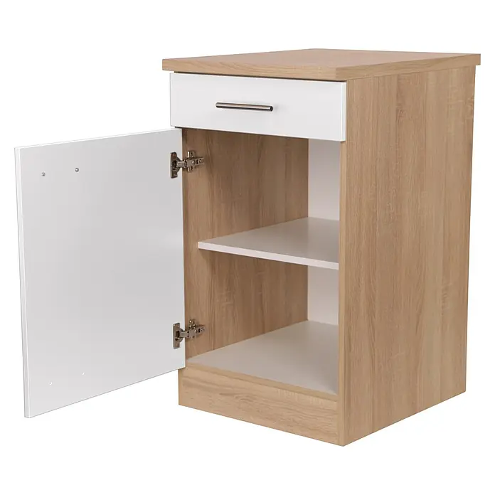 Respekta Merle Unterschrank - B x T x H: 50 x 60 x 84,8 cm, Weiß - Ein Nachttisch mit Schublade und offenem Fach mit Tür. Das Produkt ist in Holzoptik gehalten und hat eine weiße Schubladenfront.