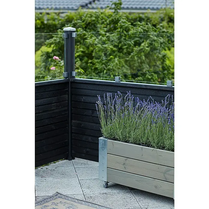 Plus Sichtschutzelement Plank mit Glaselement - 174 x 125 cm, Schwarz (RAL 9005) - Holzkübel mit üppigem Lavendel auf einer Terrasse mit dunklem Holzzaun und Glasgeländer, der einen Hauch von natürlicher Schönheit verleiht.