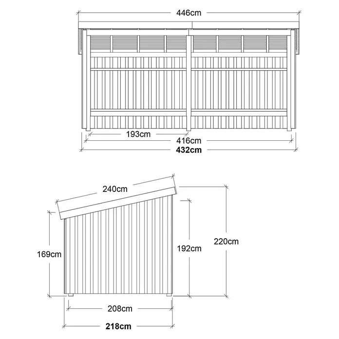 Plus Gartenhaus Multi Nordic - Außenmaß inkl. Dachüberstand (B x T): 446 x 240 cm, Holz, Natur, Offen - Technische Zeichnung eines Schuppens mit Pultdach, zeigt Vorder- und Seitenmaße.