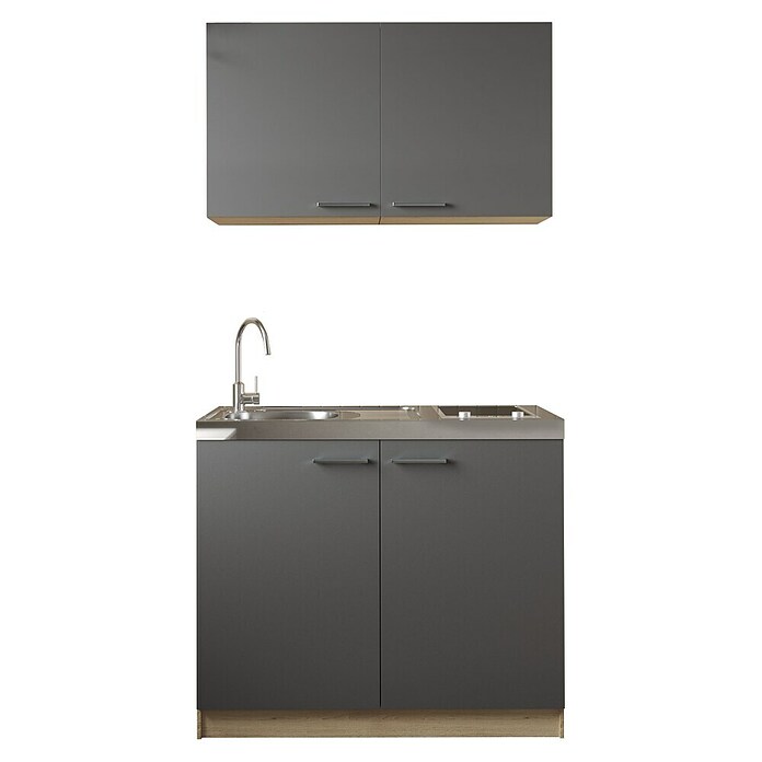 Respekta Merle Miniküche Set 6 (Breite: 100 cm, Grau, 1 x Spülenunterschrank, 2 x Oberschränke, 1 x Edelstahlkochmulde) | BAUHAUS