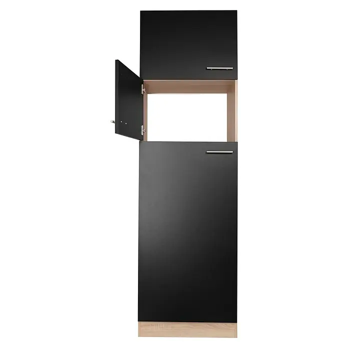 Respekta Merle Kühlumbauschrank - B x T x H: 60 x 60 x 200 cm, Schwarz - Schwarzer Küchenschrank mit einem offenen und einem geschlossenen Fach und Griffen, unten mit hellbraunem Sockel für moderne Einrichtung.