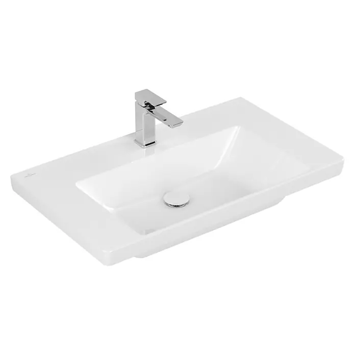 Villeroy & Boch Subway 3.0 Aufsatzwaschbecken - 80 x 47 cm, Mit schmutzabweisender Glasur, Ohne Überlauf, Stone White, Anzahl Hahnlöcher: 1 - Weißes, rechteckiges Keramikwaschbecken mit integriertem Chrom-Wasserhahn und weißer Ablaufabdeckung.