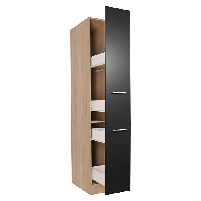 Respekta Merle Apotheker-Hochschrank - B x T x H: 30 x 60 x 200 cm, Schwarz - Ein schlanker Hochschrank mit einer hellen Holzstruktur auf der linken Seite und einer dunklen Tür mit Griffen auf der rechten Seite.