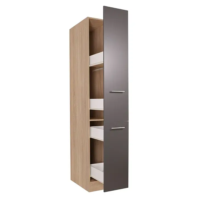 Respekta Merle Apotheker-Hochschrank - B x T x H: 30 x 60 x 200 cm, Grau - Abbildung eines hohen, schlanken Küchenschranks in Holzoptik mit grauen Türen und Schubladen.