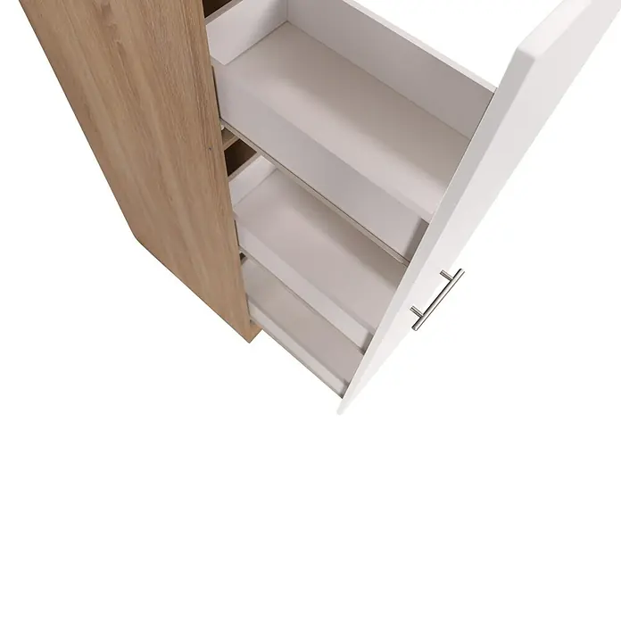 Respekta Merle Apotheker-Hochschrank - B x T x H: 30 x 60 x 144,8 cm, Weiß, mit Arbeitsplattenabdeckung - Aufnahme eines offenen weißen Schranks mit mehreren Schubladen und einem hellbraunen Holzrahmen für mehr Stauraum.