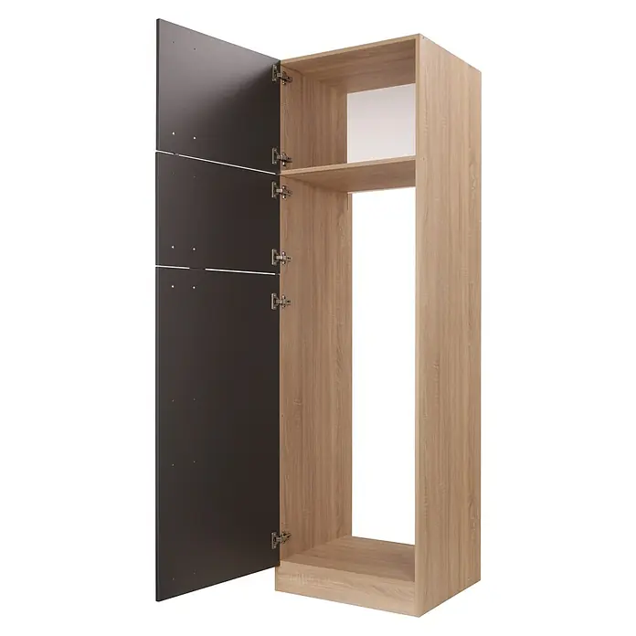 Respekta Merle Kühlumbauschrank - B x T x H: 60 x 60 x 200 cm, Grau - Offener Holzschrank mit einer dunklen Tür, die an Scharnieren befestigt ist. Der Schrank hat eine natürliche Holzmaserung.