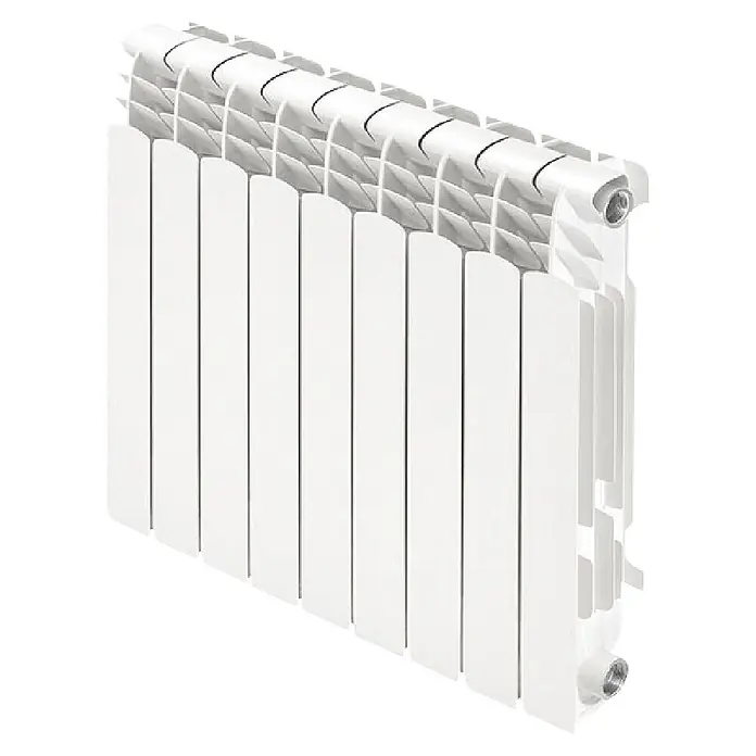 Cointra Radiador de agua Orion HP - 9 elementos, 950 W, An x Al: 72 x 58,15 cm - Primer plano de un radiador de color claro con múltiples aletas y piezas de conexión, brindando calor y confort a tu hogar.
