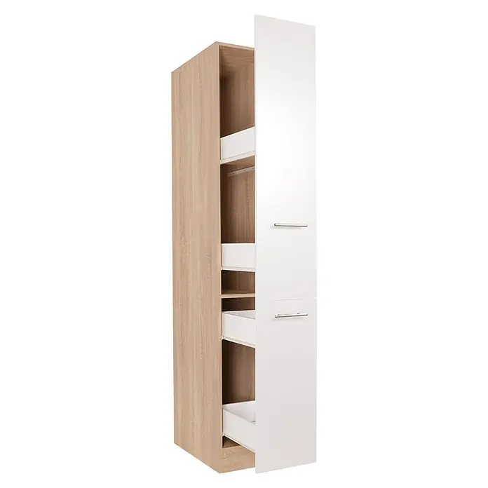 Respekta Merle Apotheker-Hochschrank - B x T x H: 30 x 60 x 200 cm, Weiß - Ein hoher, schmaler Küchenschrank mit einer hellen Holzstruktur auf der einen Seite und einer weißen Tür mit zwei Griffen auf der anderen Seite.