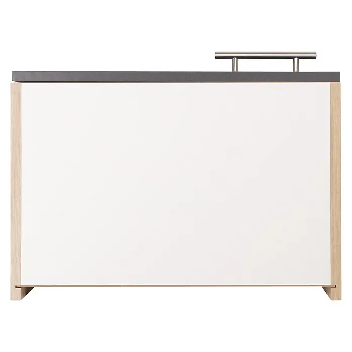 Respekta Merle Hängeschrank - B x T x H: 50 x 34,6 x 56,1 cm, Grau - Ein Schrank mit einer weißen Front und einem hellen Holzrahmen, akzentuiert durch eine graue Oberseite und silberne Griffe.