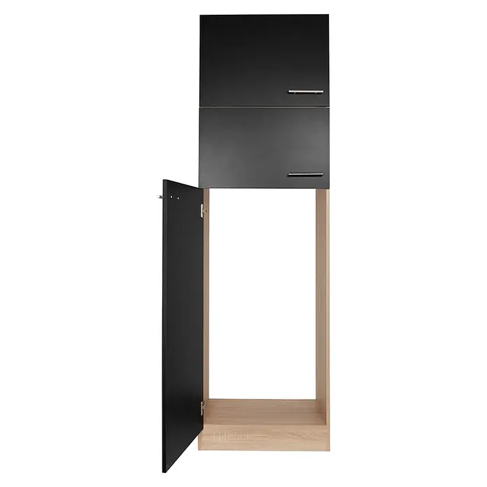 Respekta Merle Kühlumbauschrank - B x T x H: 60 x 60 x 200 cm, Schwarz - Aufnahme eines modernen, schwarzen Küchenschranks mit zwei Türen und silbernen Griffen, wobei eine Tür geöffnet ist, um das helle Innere zu zeigen.