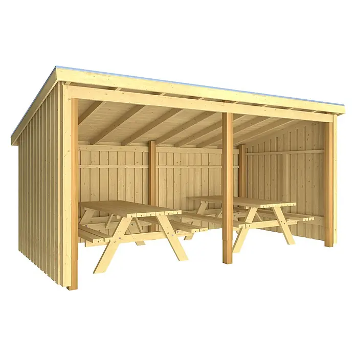 Plus Gartenhaus Picknickhütten - Außenmaß inkl. Dachüberstand (B x T): 446 x 240 cm, Holz, Natur, Offen inkl. Dachpappe und Aluleisten - Heller Holzunterstand mit Pultdach und zwei integrierten Picknicktischen.