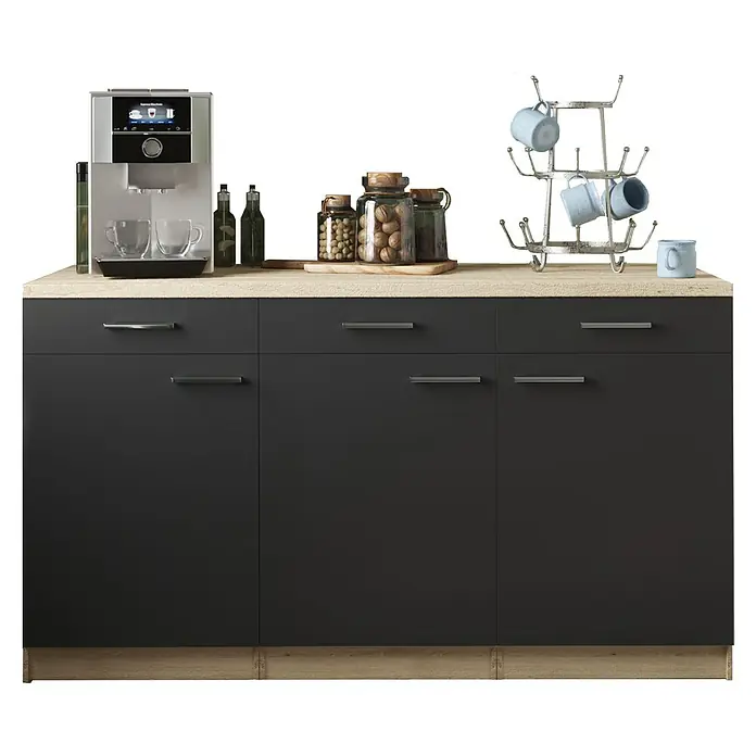 Respekta Merle Unterschrank - B x T x H: 150 x 60 x 85 cm, Schwarz - Aufnahme eines stilvollen Kaffeevollautomaten mit Schränken und dekorativen Elementen auf einer Arbeitsfläche.