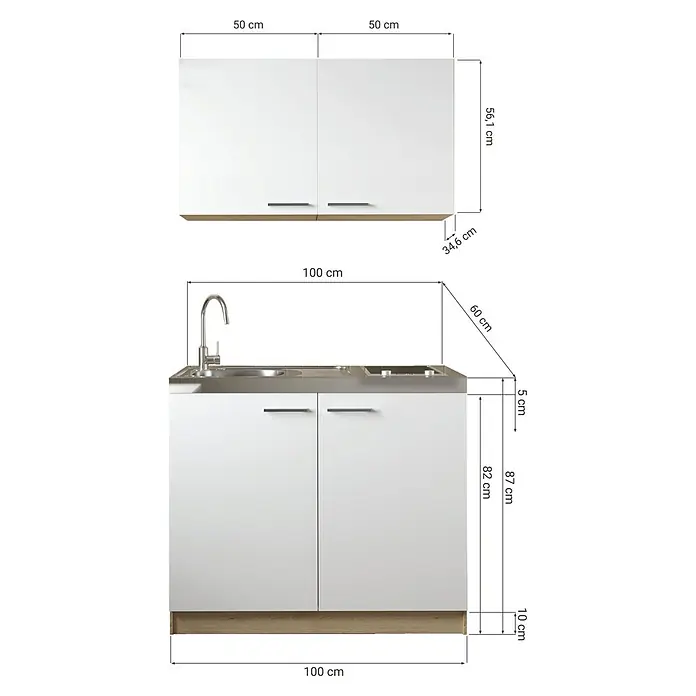 Respekta Merle Miniküche Set 4 - Breite: 100 cm, Grau, Glaskeramikkochfeld - Abbildung einer Küchenzeile mit Hängeschränken in Weiß und Holzoptik, inklusive Maßangaben für die Planung.