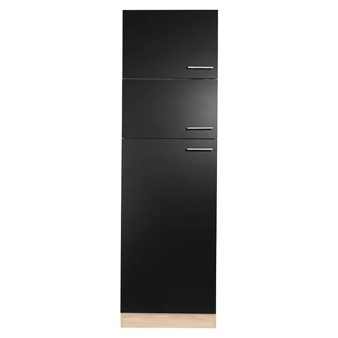Respekta Merle Kühlumbauschrank - B x T x H: 60 x 60 x 200 cm, Schwarz - Schwarzer Schrank mit drei Schubladen und silbernen Griffen auf einem hellen Holzsockel. Praktische Möbel für ein modernes Zuhause.